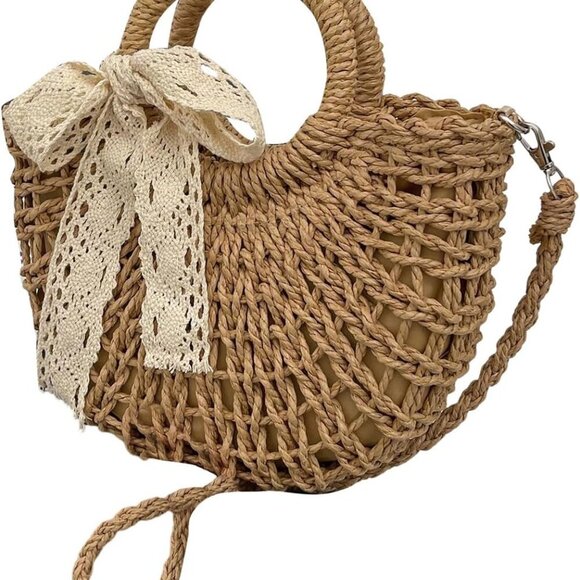Women's Straw Satchel Bag Bow Tie Top Handle Crossbody Handbags Beach Purse
